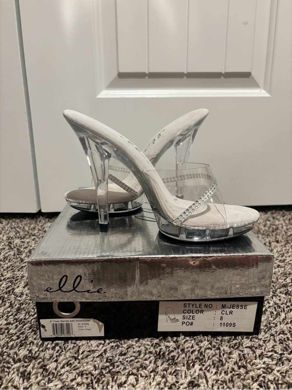 Ellie Clear Slide 5’ Heels with Rhinestone Strap - Size 8
